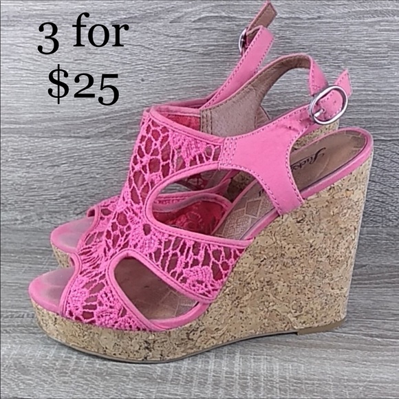 Lucky Brand Shoes - Lucky Brand pink lace open toe wedge high heels